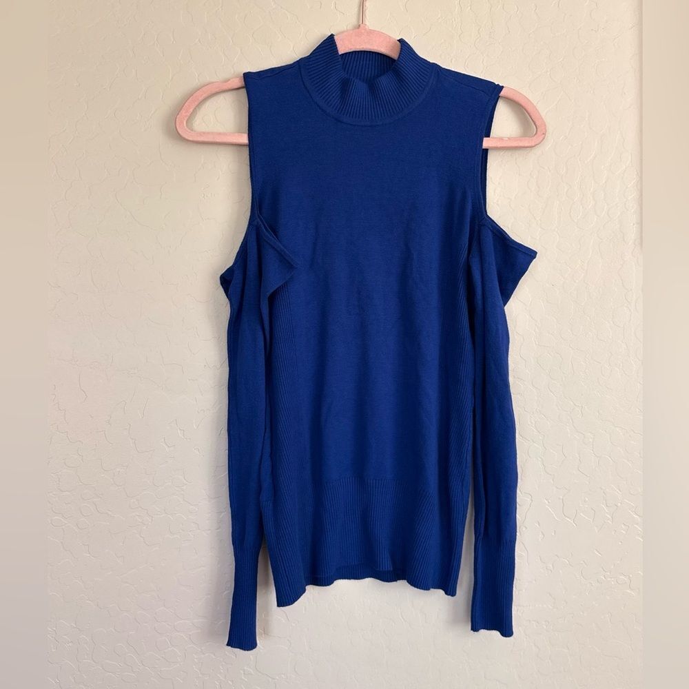 Cache Y2K Royal Blue Cold Shoulder Turtleneck Knit Top Large 2000s